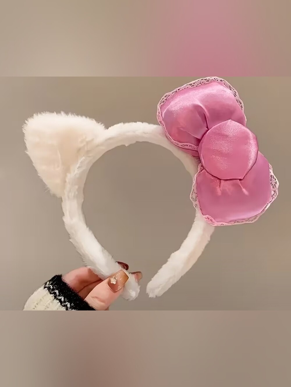 Plush White Fuzzy Headband with Pink Satin Bow